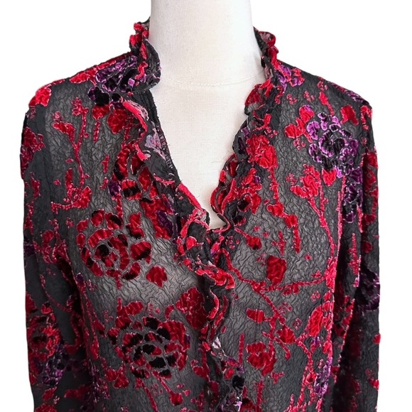 COLDWATER CREEK Sheer Velvet Burnout Ruffle Trim Floral Blouse Whimsigoth Small - Picture 6 of 14